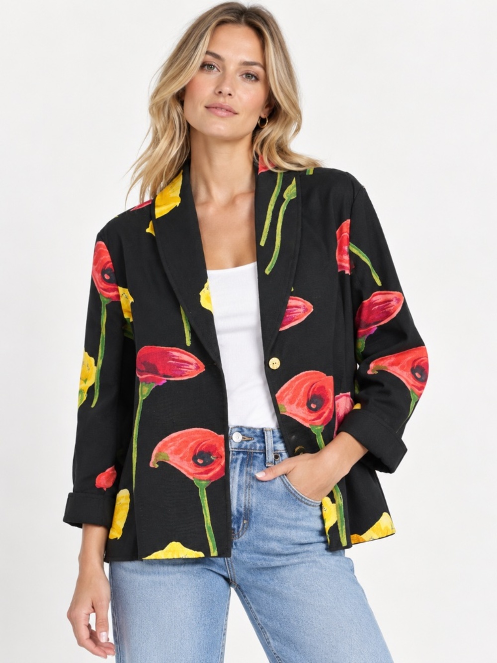 Black Floral Blazer Jacket Large Calla Lily Print Jacqueline Lauren